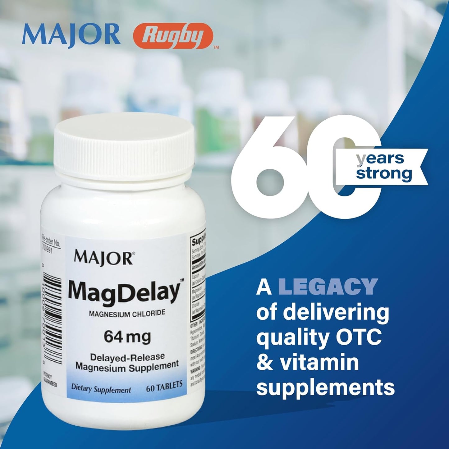 3-Pack of MAJOR MagDelay 64mg Delayed-Release Magnesium Supplement Tablets - 60 Count