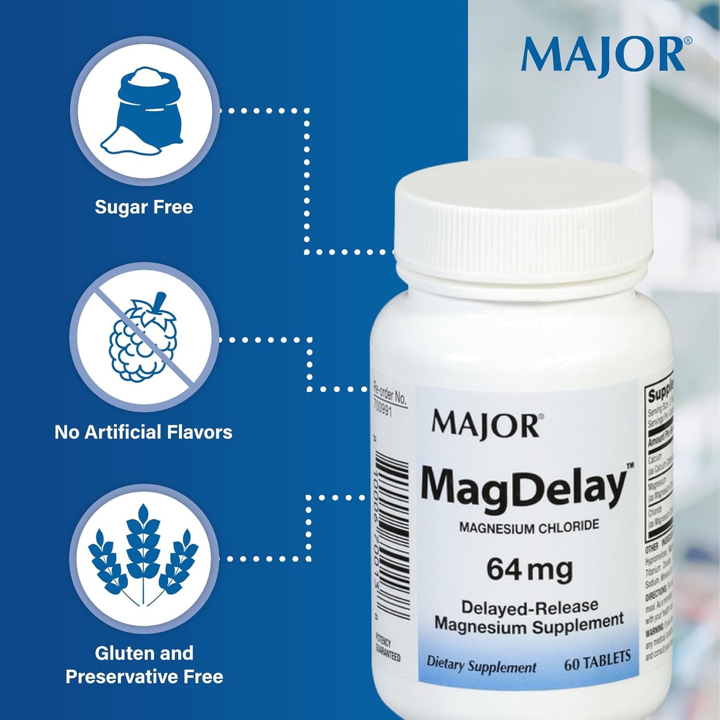 3-Pack of MAJOR MagDelay 64mg Delayed-Release Magnesium Supplement Tablets - 60 Count