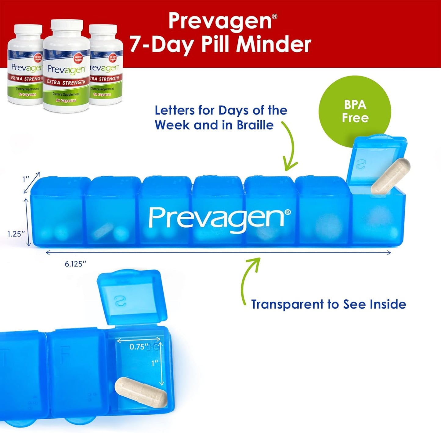 3 Pack of Prevagen Extra Strength 20mg Capsules with Apoaequorin, Vitamin D, and 7-Day Pill Minder