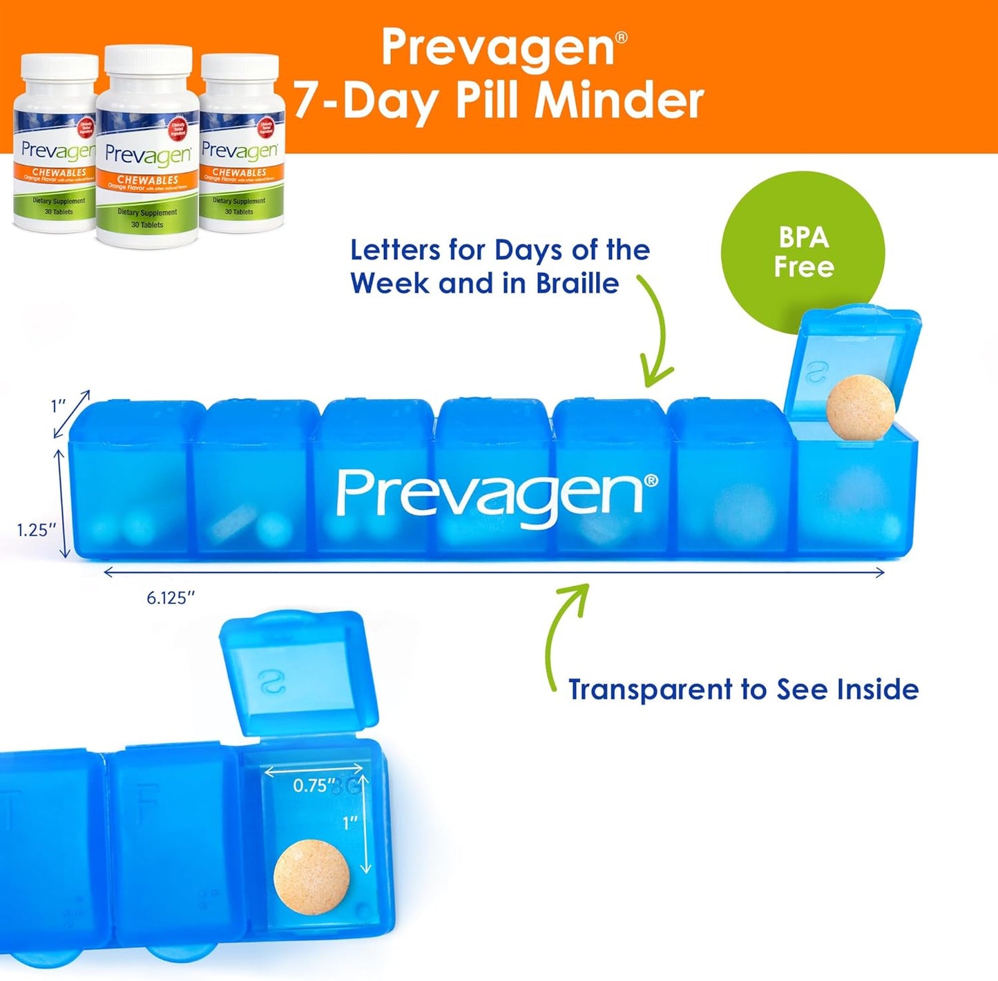 3-Pack of Prevagen Regular Strength Chewables with Apoaequorin, Vitamin D, and Pill Minder - 30 Count