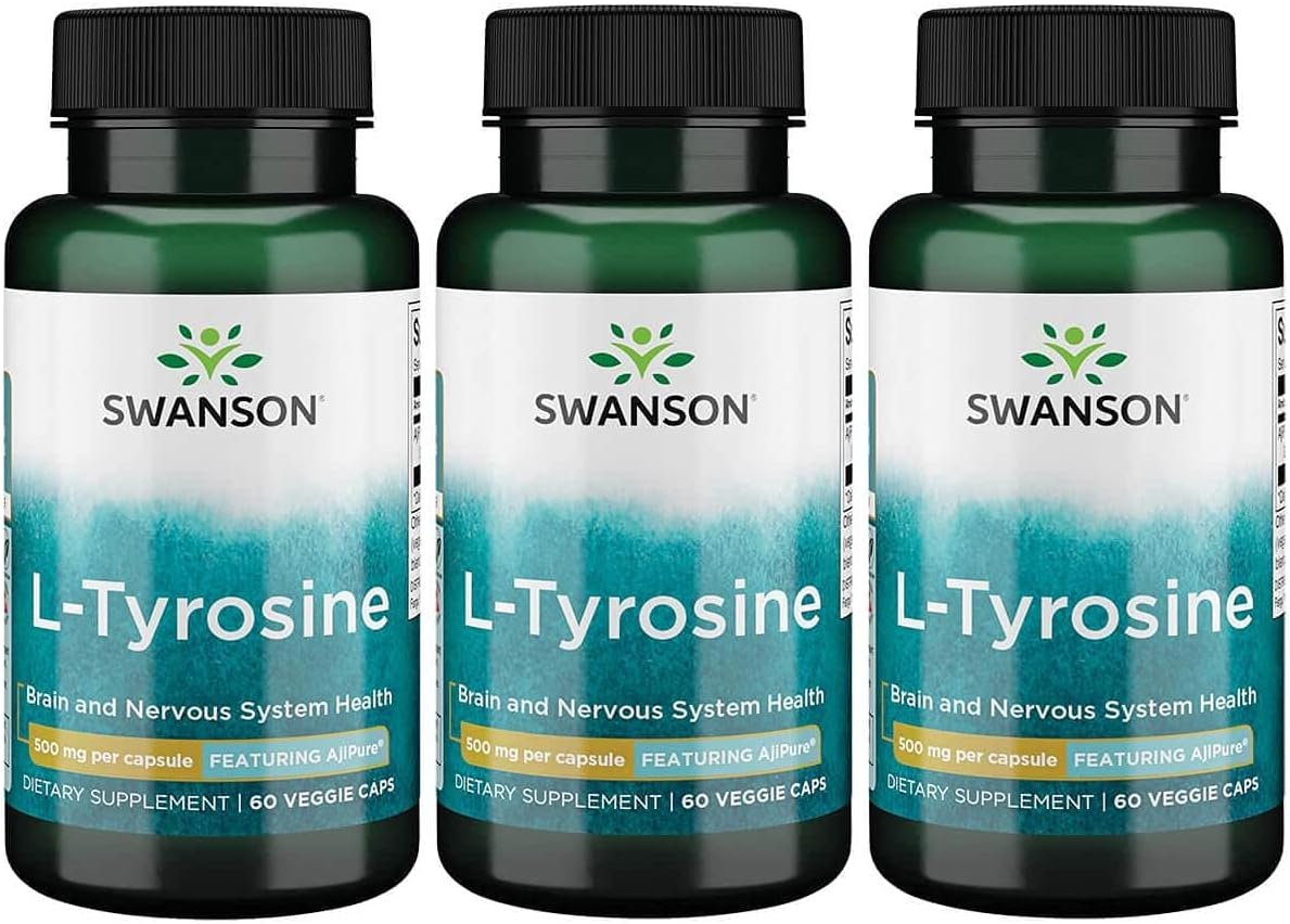 3 Pack of Swanson Ajipure L-Tyrosine 500mg Veg Capsules - Pharmaceutical Grade Amino Acid Supplement