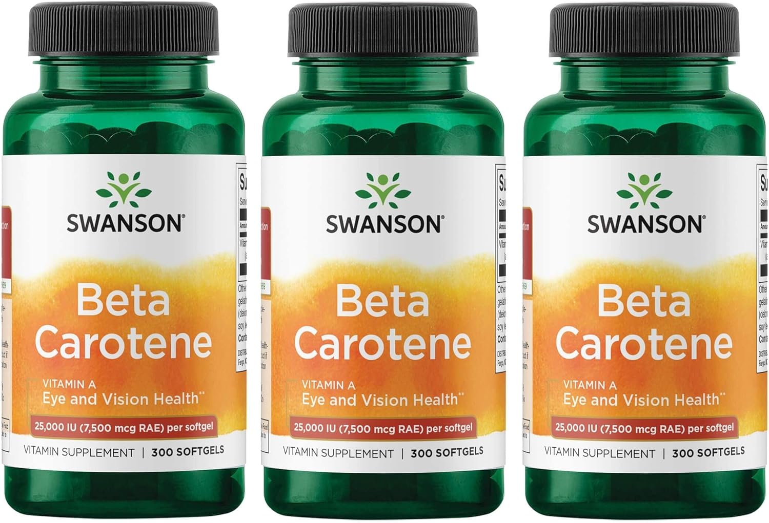 3 Pack of Swanson Beta-Carotene Vitamin A 25000 IU Softgels for Skin, Eye, and Immune System Health - Antioxidant Support - 7500 mcg - 300 Softgels