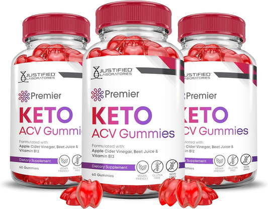 3 Pack Premier Keto ACV Gummies with Pomegranate Beet Juice Powder - 1000MG Apple Cider Vinegar - B12 - Vegan - Non GMO - 180 Count