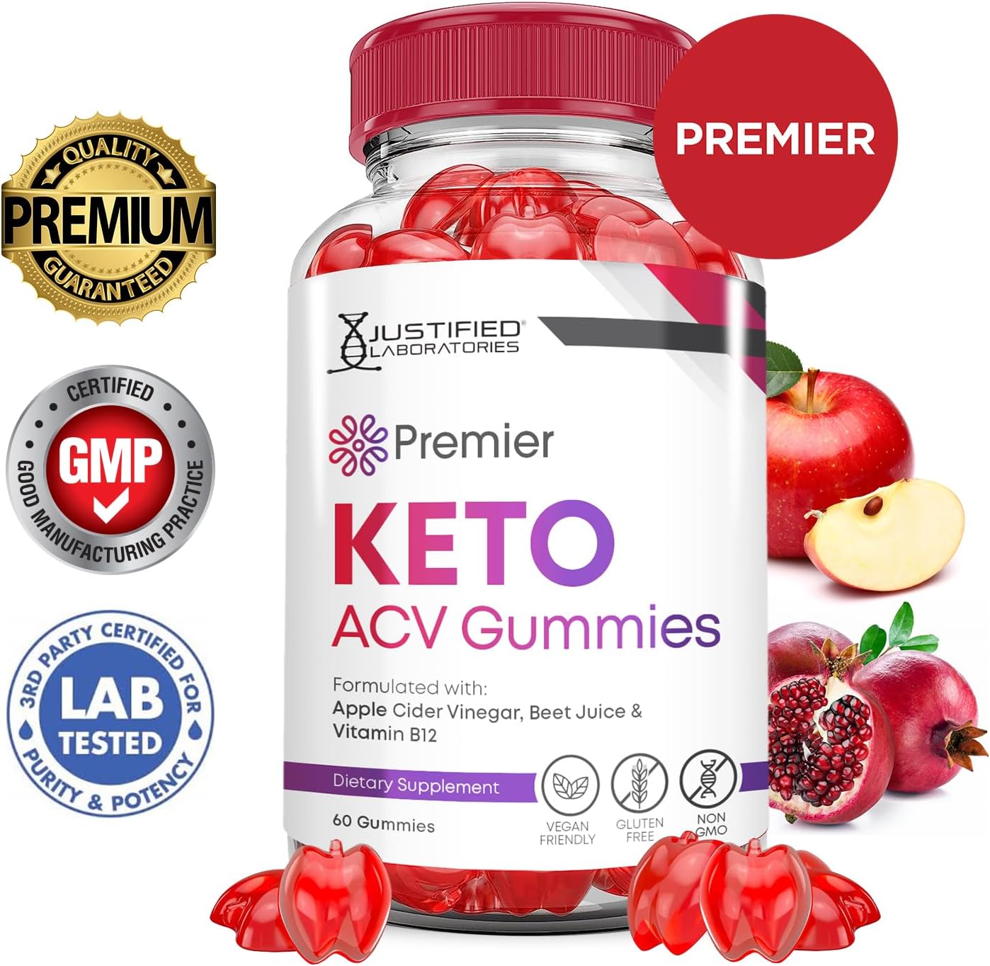 3 Pack Premier Keto ACV Gummies with Pomegranate Beet Juice Powder - 1000MG Apple Cider Vinegar - B12 - Vegan - Non GMO - 180 Count