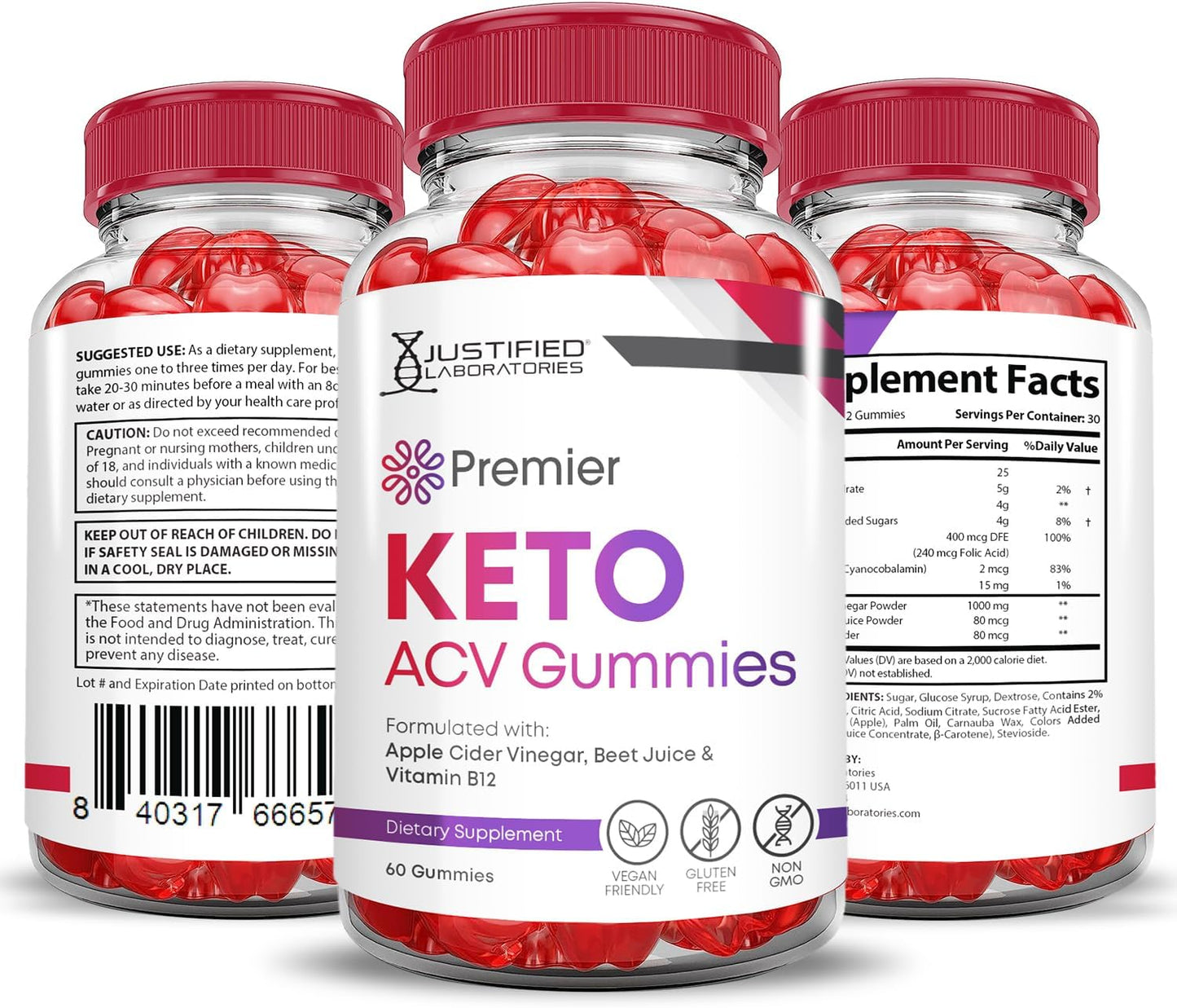3 Pack Premier Keto ACV Gummies with Pomegranate Beet Juice Powder - 1000MG Apple Cider Vinegar - B12 - Vegan - Non GMO - 180 Count