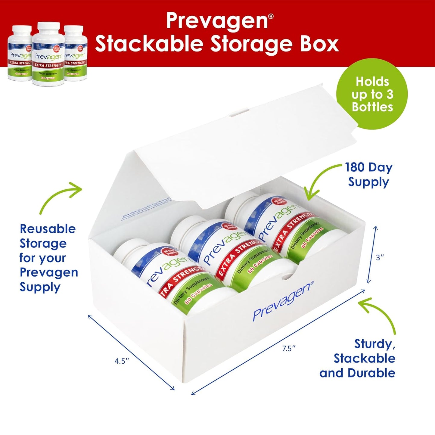 3 Pack Prevagen Extra Strength 20mg Capsules with Apoaequorin, Vitamin D, and Stackable Storage Box