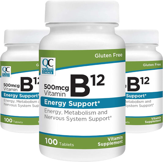 3 Pack Quality Choice Vitamin B12 500 MCG Tablets for Energy, Metabolism, & Nervous System Support - 100 Count Bottle