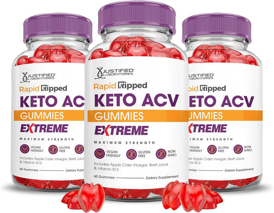 3 Pack Rapid Ripped Keto ACV Gummies - 2000MG Extreme Strength with Apple Cider Vinegar, Pomegranate & B12 - Vegan & Non-GMO - 180 Gummies