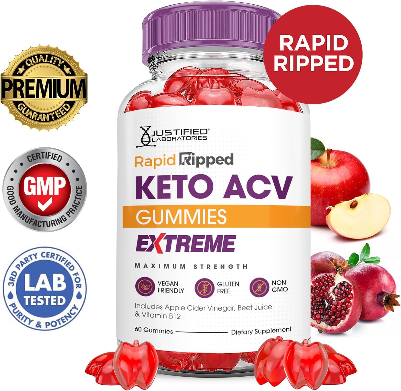 3 Pack Rapid Ripped Keto ACV Gummies - 2000MG Extreme Strength with Apple Cider Vinegar, Pomegranate & B12 - Vegan & Non-GMO - 180 Gummies