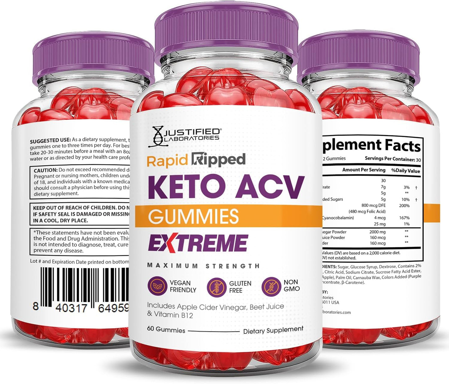 3 Pack Rapid Ripped Keto ACV Gummies - 2000MG Extreme Strength with Apple Cider Vinegar, Pomegranate & B12 - Vegan & Non-GMO - 180 Gummies