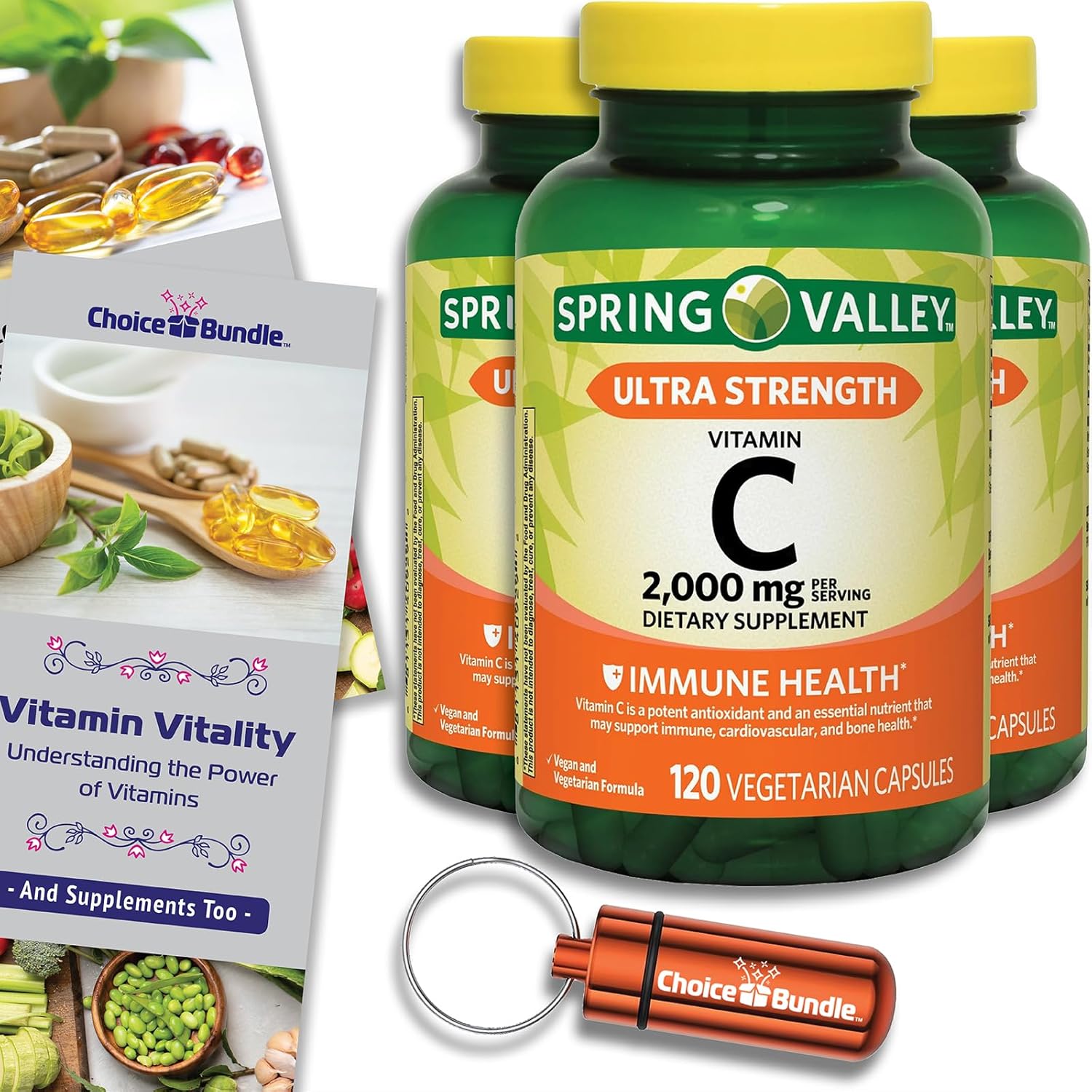 3-Pack Spring Valley Ultra Strength Vitamin C Capsules 2,000mg 120 Count Bundle with Vitamin Guide & Pill Container - 360 Total!