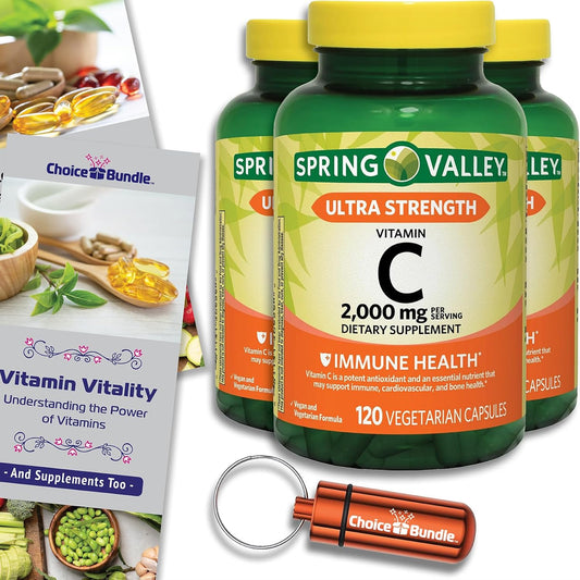 3-Pack Spring Valley Ultra Strength Vitamin C Capsules 2,000mg 120 Count Bundle with Vitamin Guide & Pill Container - 360 Total!