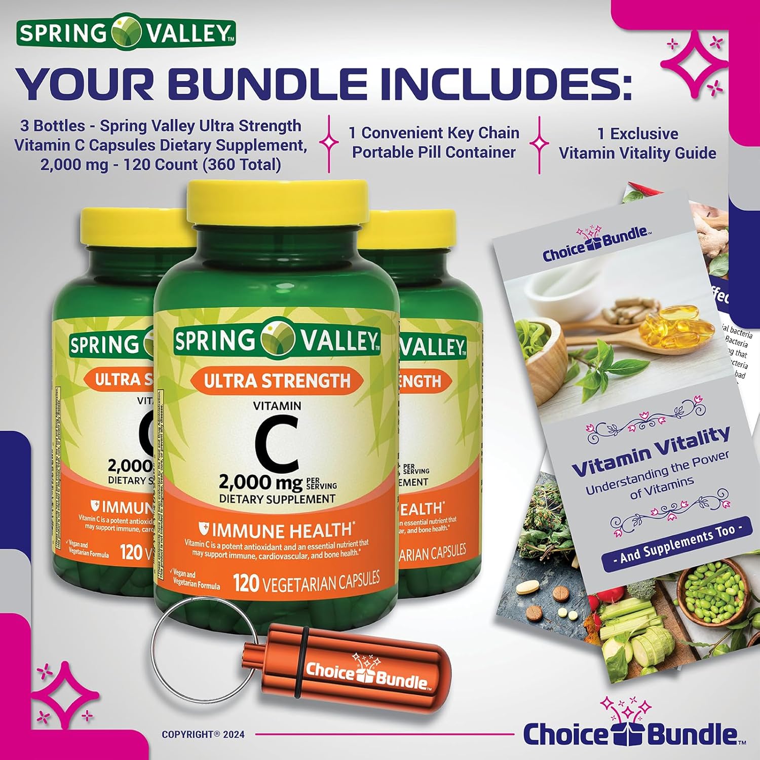 3-Pack Spring Valley Ultra Strength Vitamin C Capsules 2,000mg 120 Count Bundle with Vitamin Guide & Pill Container - 360 Total!