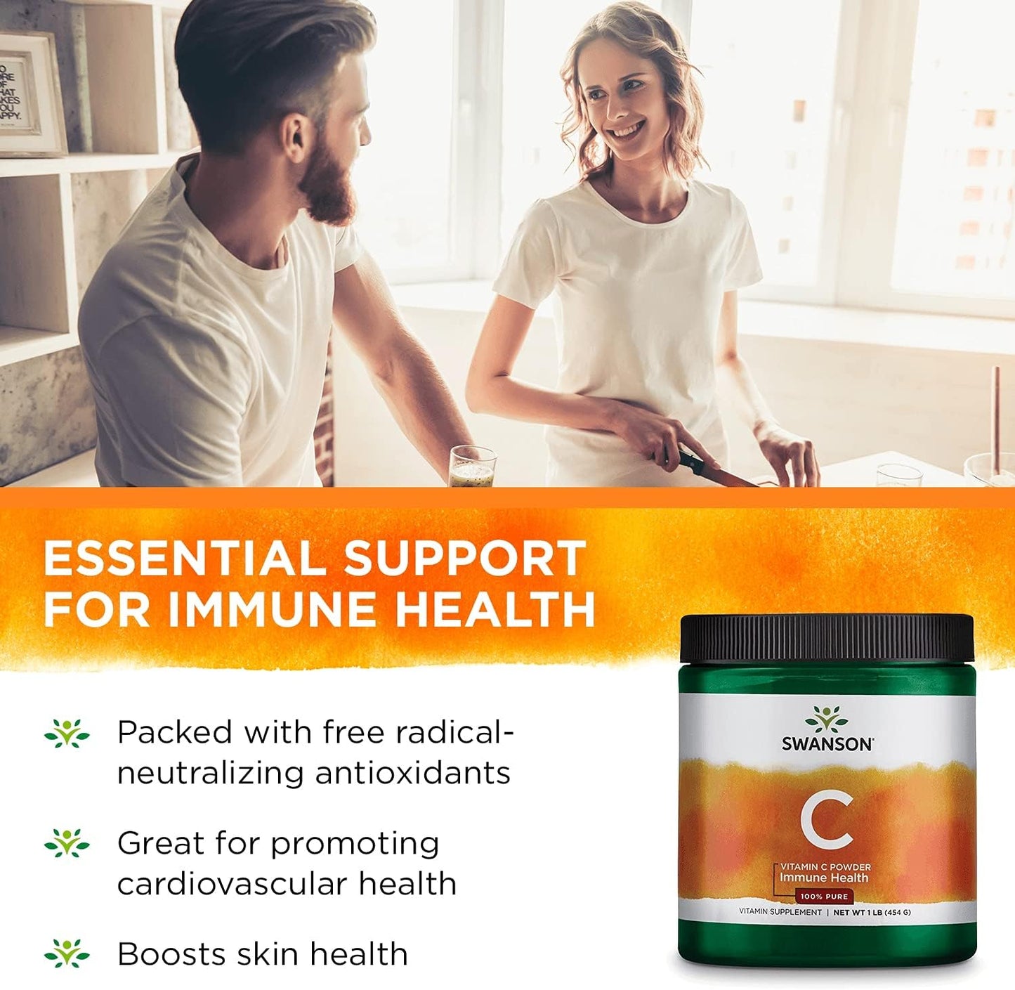 3 Pack Swanson 100% Pure Ascorbic Acid Vitamin C Powder - 1000mg Immune Support & Antioxidant Supplement - Skin & Cardiovascular Health - 1 lb (454g)