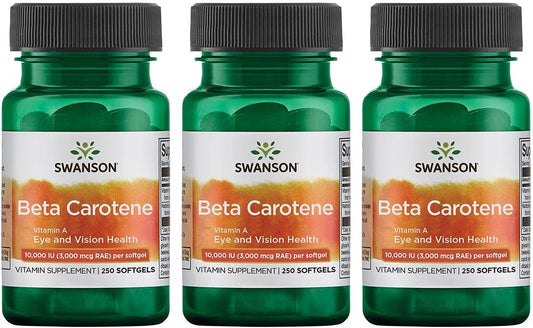 3 Pack Swanson Beta-Carotene Softgels - Vitamin A Supplement for Immune, Eye, and Skin Health - Natural Wellness Formula - 3000mcg - 750 Softgels Total