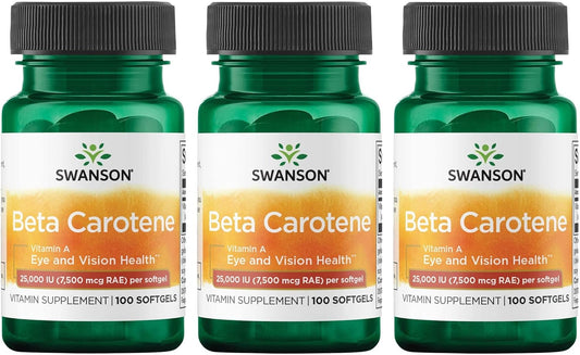 3 Pack Swanson Beta-Carotene (Vitamin A) 25000 Iu (7500 mcg) 100 Softgels - Immune Support Supplement