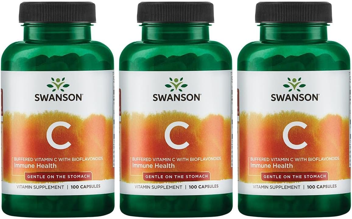 3 Pack Swanson Buffered Vitamin C w/Bioflavonoids 500mg Capsules - Total 300 Capsules for Immune Support