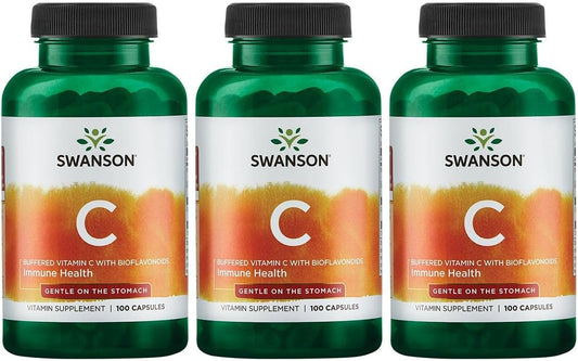 3 Pack Swanson Buffered Vitamin C w/Bioflavonoids 500mg Capsules - Total 300 Capsules for Immune Support