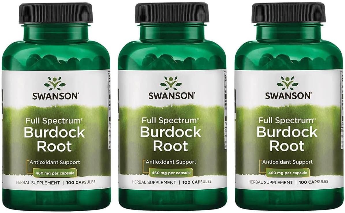 3 Pack Swanson Burdock Root Kidney & Liver Support Capsules - Detoxify Skin, Remove Toxins, Boost Immune System - Herbal Antioxidant Supplement 460mg