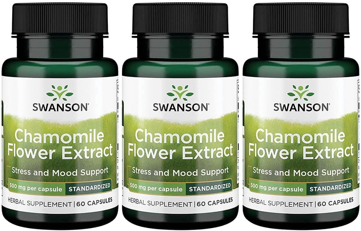 3 Pack Swanson Chamomile Flower Extract Capsules 500mg with 1.2% Apigenin - 60 Capsules per Pack