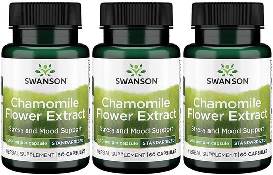 3 Pack Swanson Chamomile Flower Extract Capsules 500mg with 1.2% Apigenin - 60 Capsules per Pack