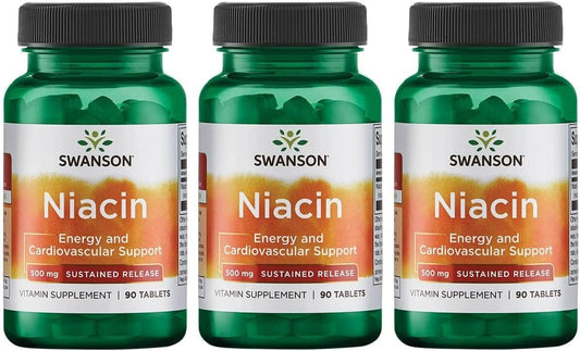 3 Pack Swanson Sustained Release Niacin 500mg 90 Tablets - Slow Release Vitamin B3 Supplement