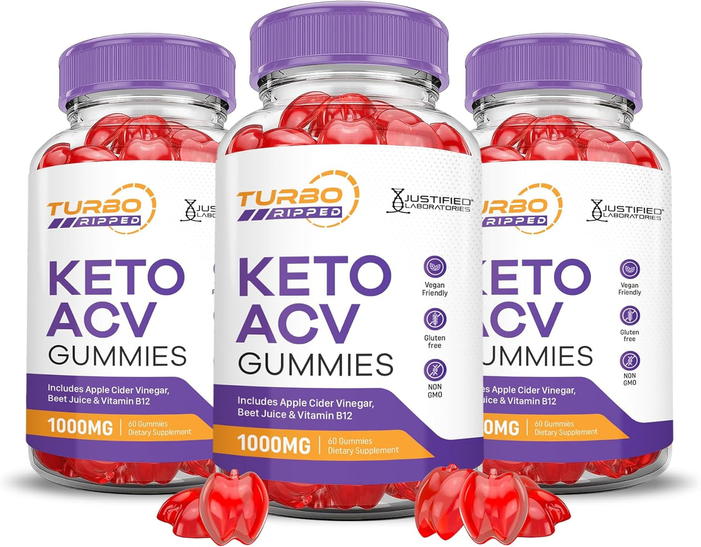 3 Pack Turbo Ripped Keto ACV Gummies with Pomegranate Beet Juice Powder - Vegan Non GMO 1000MG Apple Cider Vinegar Formula
