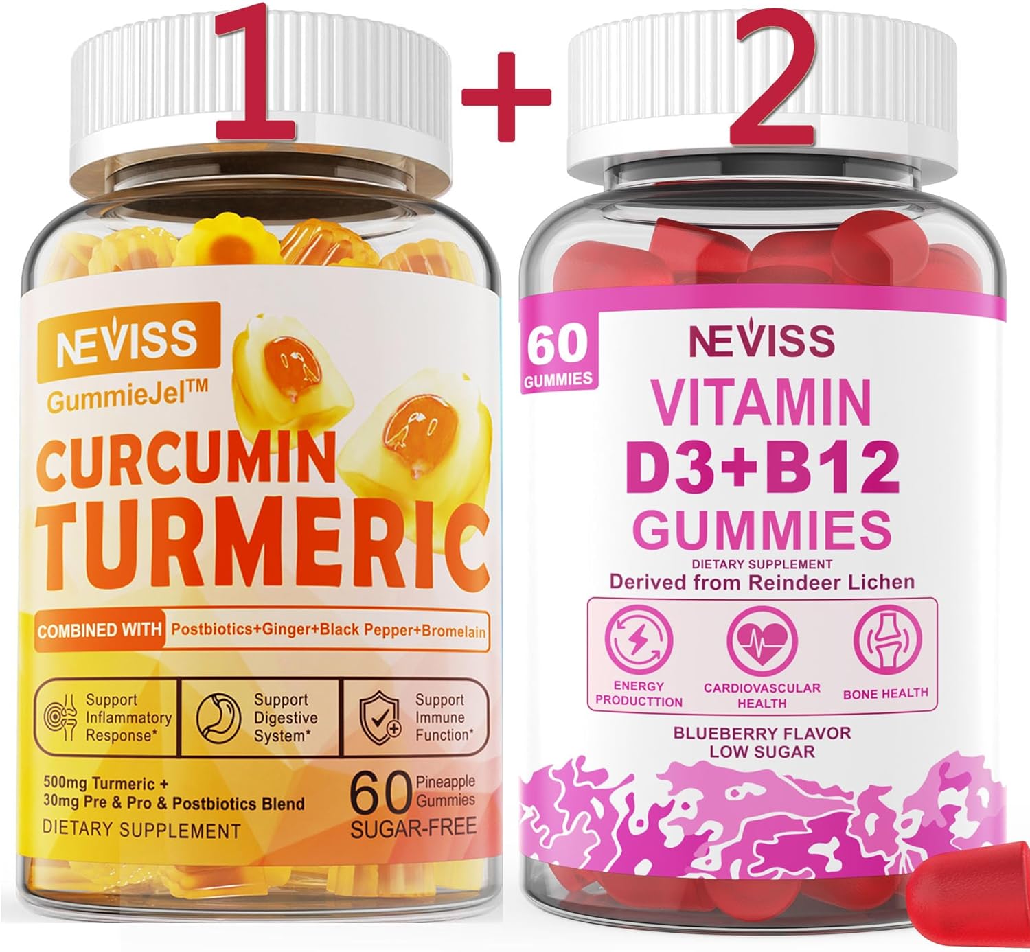 3-Pack Vegan Turmeric Curcumin Gummies with Vitamin D3 & B12 by NEVISS