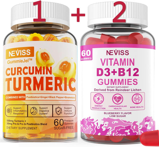 3-Pack Vegan Turmeric Curcumin Gummies with Vitamin D3 & B12 by NEVISS