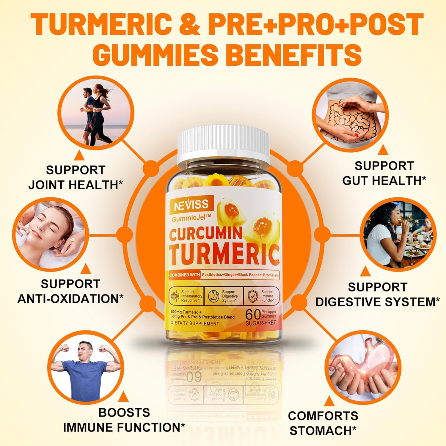 3-Pack Vegan Turmeric Curcumin Gummies with Vitamin D3 & B12 by NEVISS