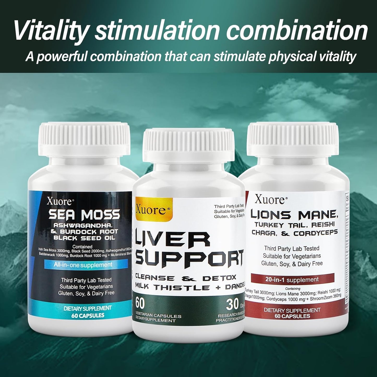 3-Pack Xuore Sea Moss, Black Seed Oil, Mushroom & Herb Supplement with Lions Mane, Turkey Tail, Reishi, Cordyceps, Chaga, Liver Cleanse, Detox & Repair - Includes Milk Thistle - All-In-One Formula
