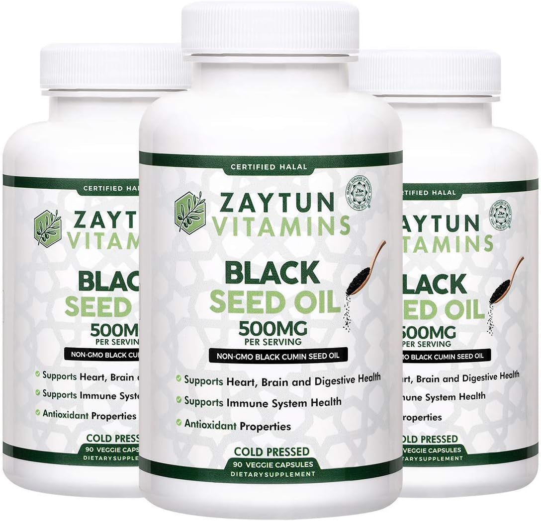 3-Pack Zaytun Halal Black Seed Oil - Cold-Pressed Nigella Sativa for Heart, Brain, Joints, Immune Health - Non-GMO USA-made Halal Vitamins