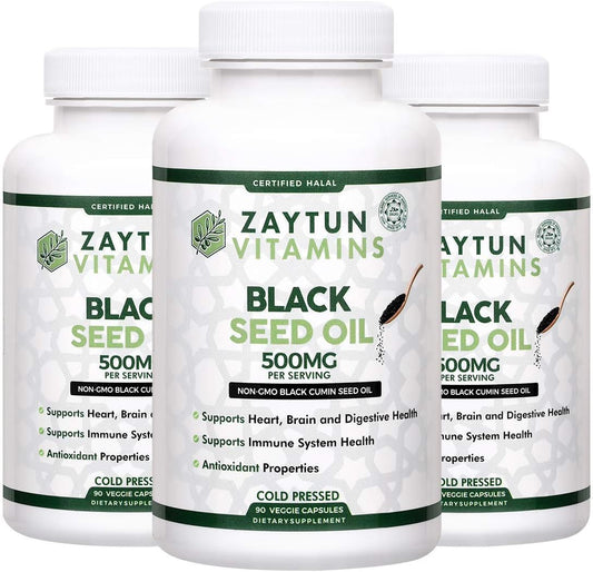 3-Pack Zaytun Halal Black Seed Oil - Cold-Pressed Nigella Sativa for Heart, Brain, Joints, Immune Health - Non-GMO USA-made Halal Vitamins