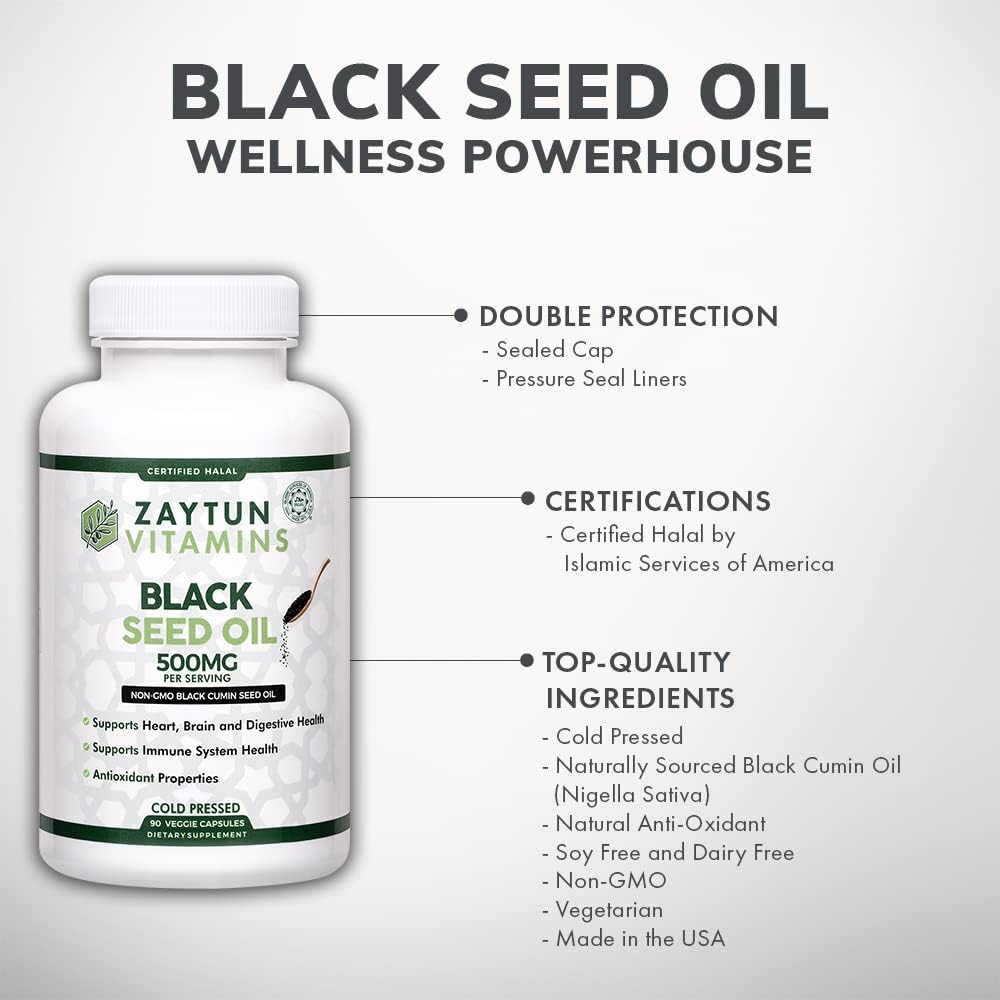3-Pack Zaytun Halal Black Seed Oil - Cold-Pressed Nigella Sativa for Heart, Brain, Joints, Immune Health - Non-GMO USA-made Halal Vitamins