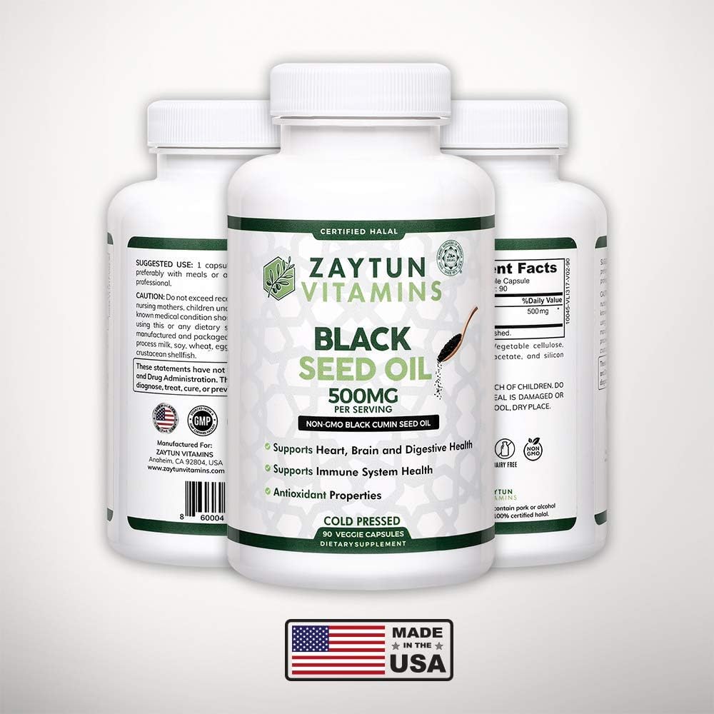 3-Pack Zaytun Halal Black Seed Oil - Cold-Pressed Nigella Sativa for Heart, Brain, Joints, Immune Health - Non-GMO USA-made Halal Vitamins