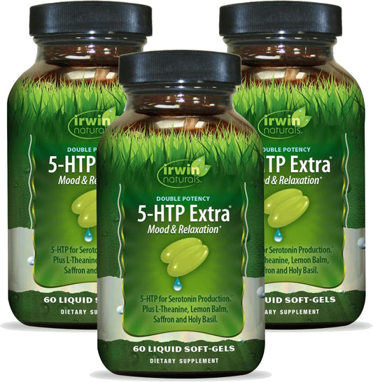 3 Packs of Irwin Naturals Double Potency 5-HTP Extra - 60 Liquid Soft-Gels for Relaxation & Serotonin Production - 90 Servings in Total