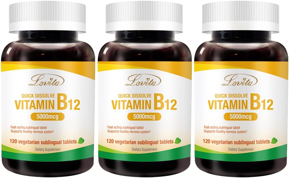 3 Packs of Lovita Maximum Strength B12 Vitamins 5000 mcg - Quick Dissolve Sublingual Tablets for Energy & Nervous System Support - 360 Vegan Non-GMO B12 Tablets