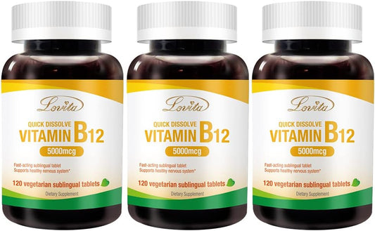 3 Packs of Lovita Maximum Strength B12 Vitamins 5000 mcg - Quick Dissolve Sublingual Tablets for Energy & Nervous System Support - 360 Vegan Non-GMO B12 Tablets