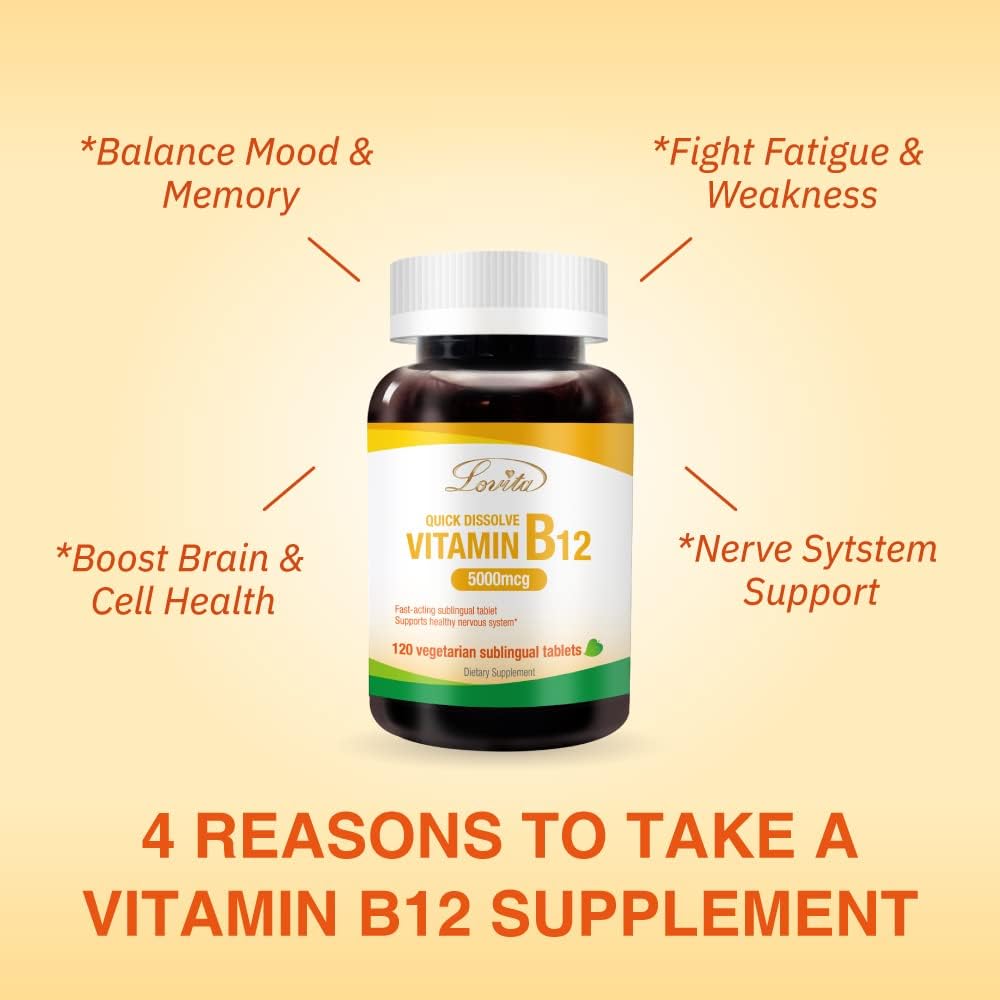 3 Packs of Lovita Maximum Strength B12 Vitamins 5000 mcg - Quick Dissolve Sublingual Tablets for Energy & Nervous System Support - 360 Vegan Non-GMO B12 Tablets