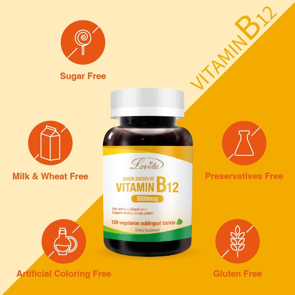 3 Packs of Lovita Maximum Strength B12 Vitamins 5000 mcg - Quick Dissolve Sublingual Tablets for Energy & Nervous System Support - 360 Vegan Non-GMO B12 Tablets