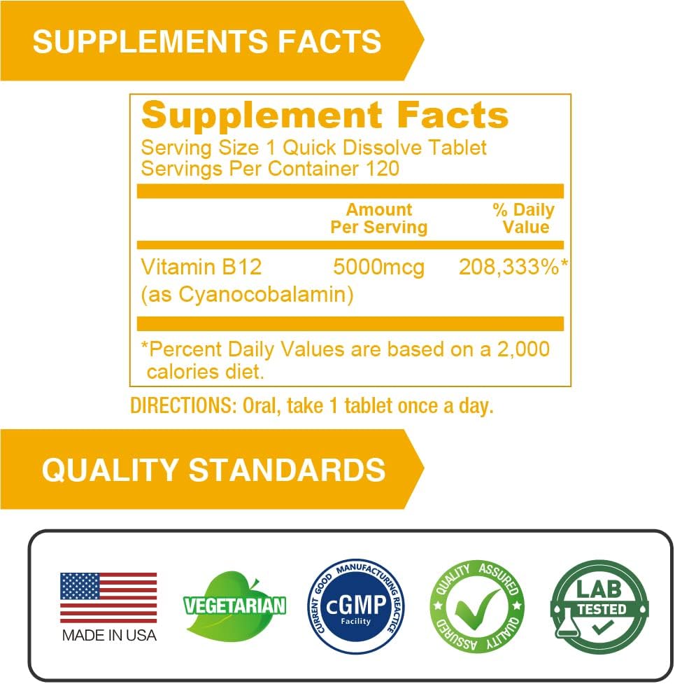 3 Packs of Lovita Maximum Strength B12 Vitamins 5000 mcg - Quick Dissolve Sublingual Tablets for Energy & Nervous System Support - 360 Vegan Non-GMO B12 Tablets