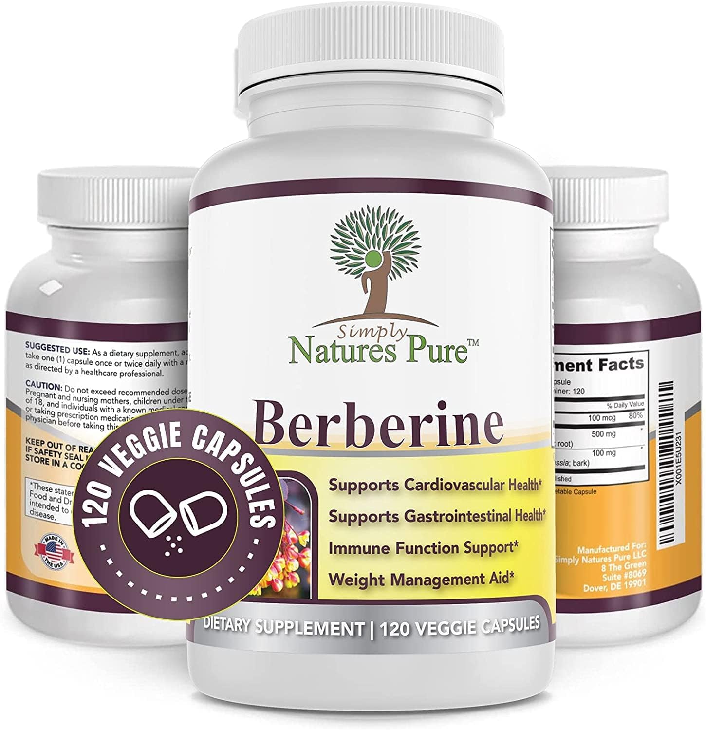 3 Packs of Simply Natures Berberine HCl 500mg - 120 Capsules for Cardiovascular, Gastrointestinal, and Immune Support with Chromium and Cinnamon