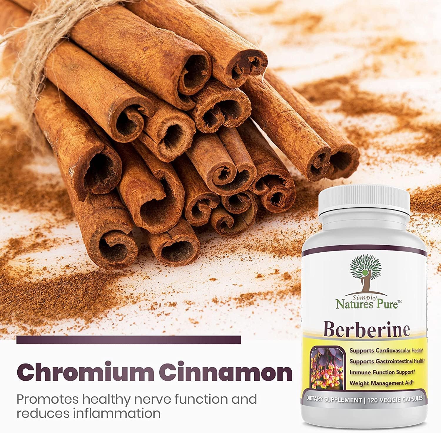 3 Packs of Simply Natures Berberine HCl 500mg - 120 Capsules for Cardiovascular, Gastrointestinal, and Immune Support with Chromium and Cinnamon