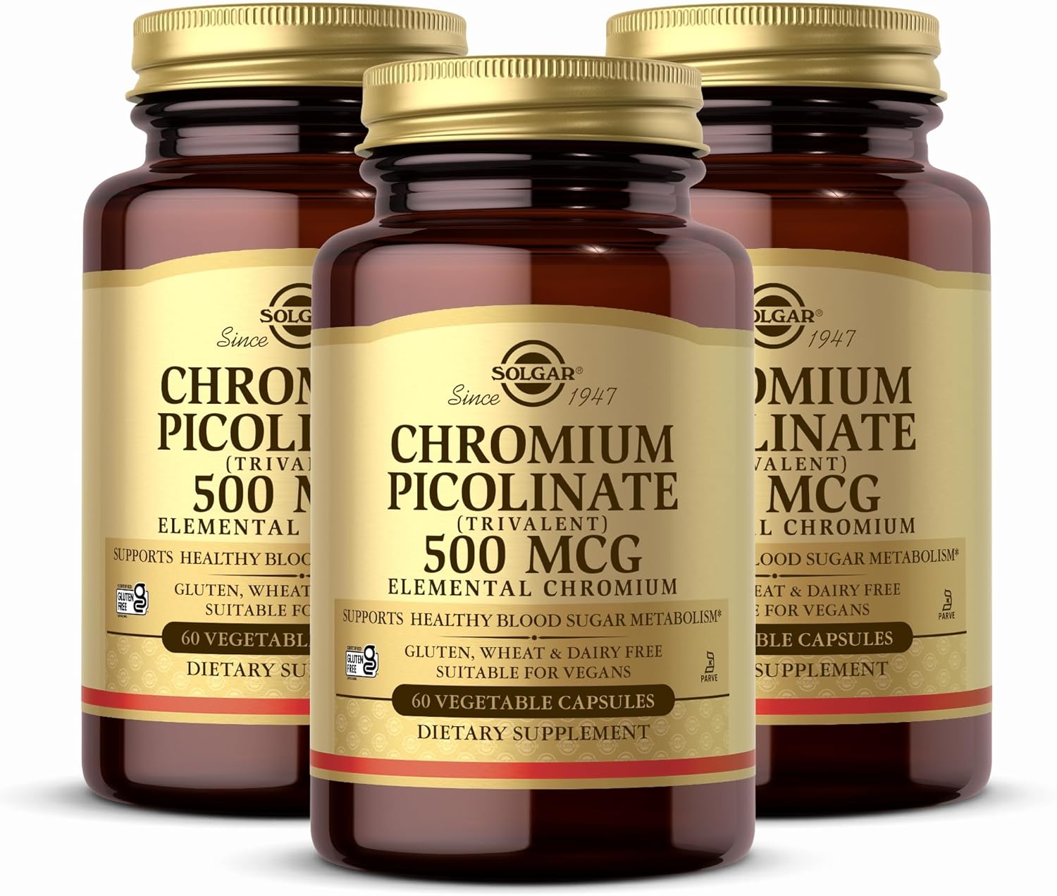 3 Packs of Solgar Chromium Picolinate 500 mcg - 60 Capsules Each - Supports Metabolism of Sugar, Fat & Protein - Non-GMO, Gluten Free, Kosher - 90 Total Servings