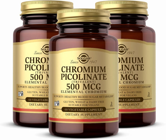 3 Packs of Solgar Chromium Picolinate 500 mcg - 60 Capsules Each - Supports Metabolism of Sugar, Fat & Protein - Non-GMO, Gluten Free, Kosher - 90 Total Servings