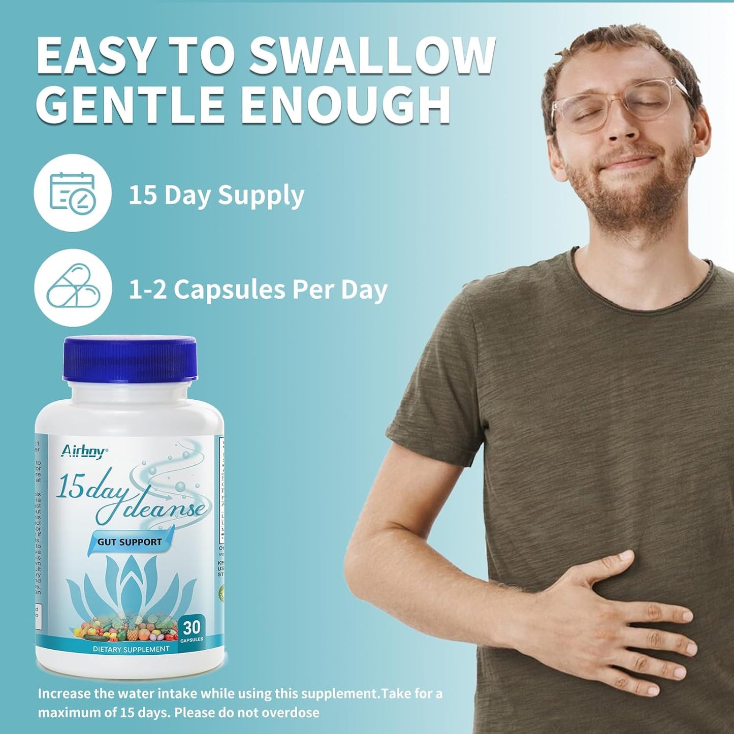 30 Capsules Airboy 15 Day Cleanse Detox for Gut & Colon Support - Bowel Cleanse for Women & Men