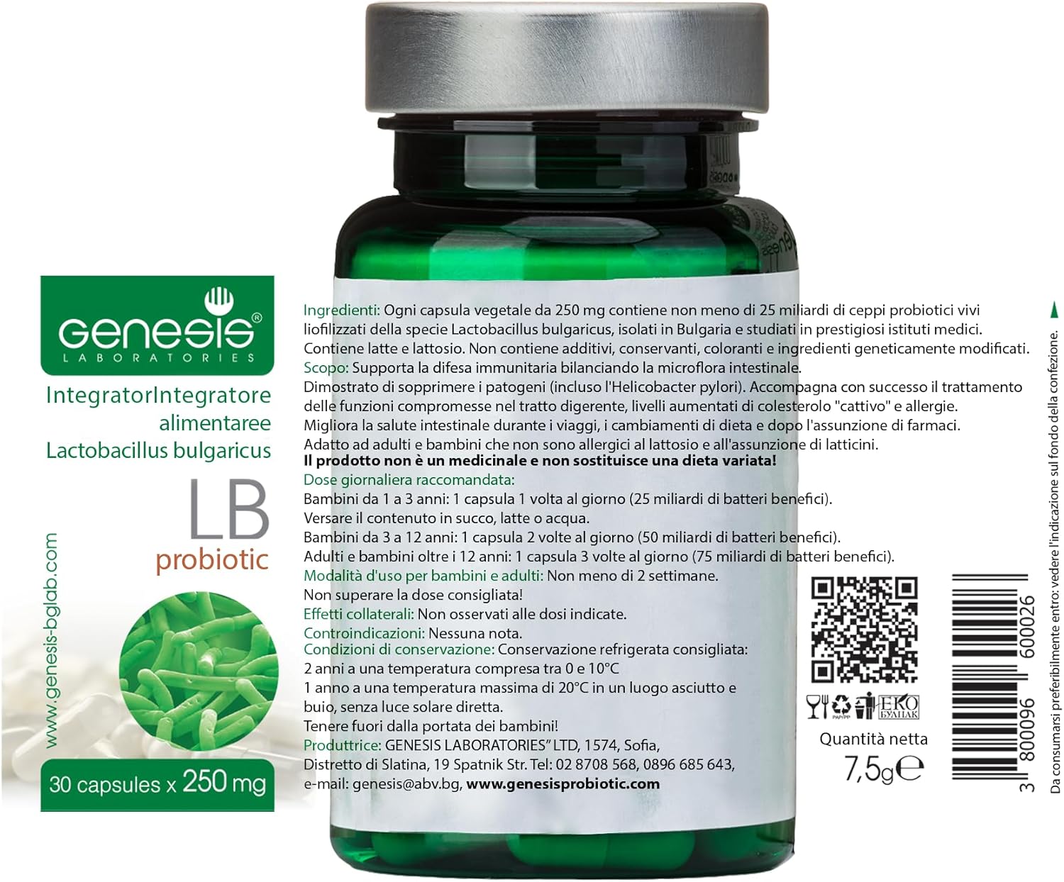 30 Capsules Genesis LABORATORIES Probiotic Supplement with Lactobacillus Bulgaricus for Digestive & Immune Support