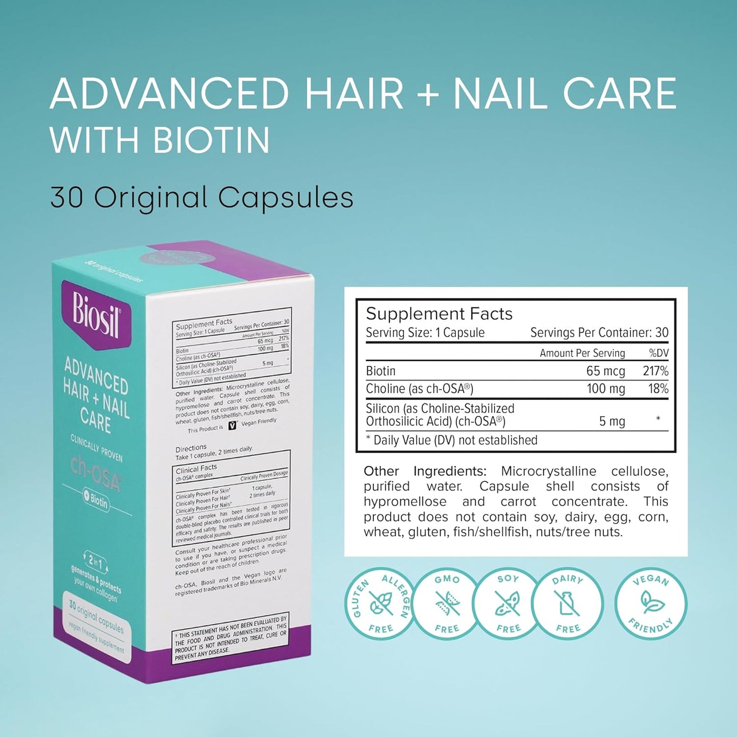 30 Capsules of Biosil Advanced Hair and Nail Care with ch-OSA and Biotin for Hair and Nail Growth, Strength, and Thickness - 15-Day Supply