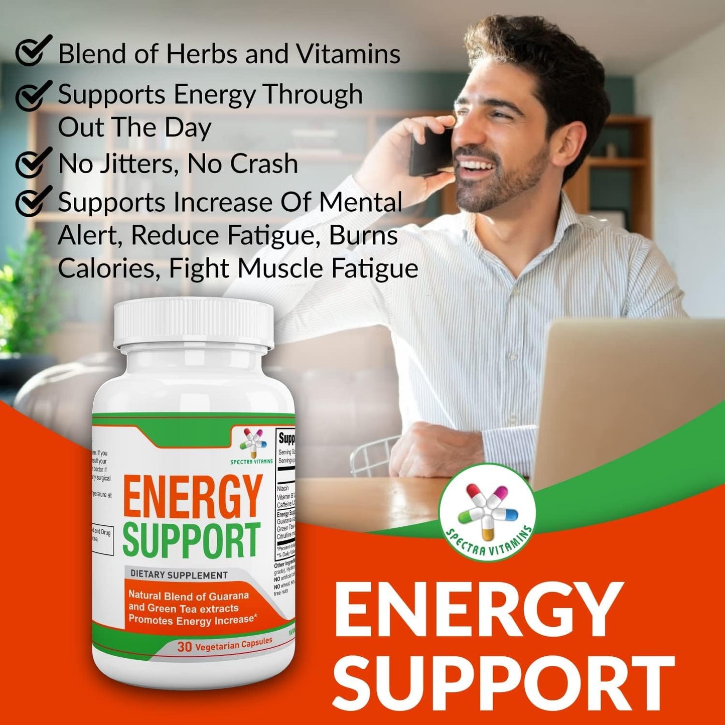 30 Capsules of Spectra Vitamins Natural Energy Support with Guarana, Vitamin B12, Green Tea Extracts, and Citrulline - Energy Booster Supplements