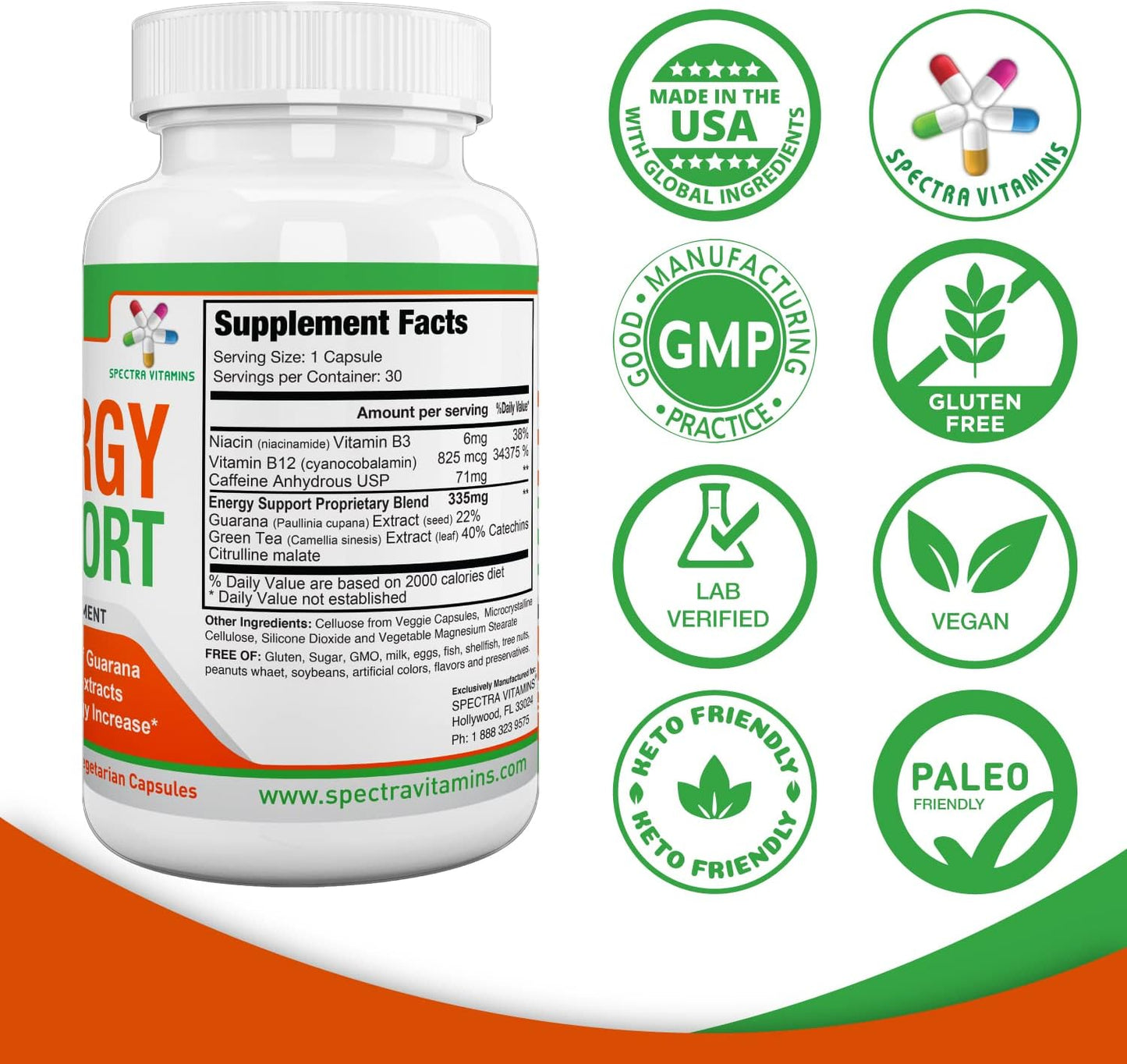 30 Capsules of Spectra Vitamins Natural Energy Support with Guarana, Vitamin B12, Green Tea Extracts, and Citrulline - Energy Booster Supplements